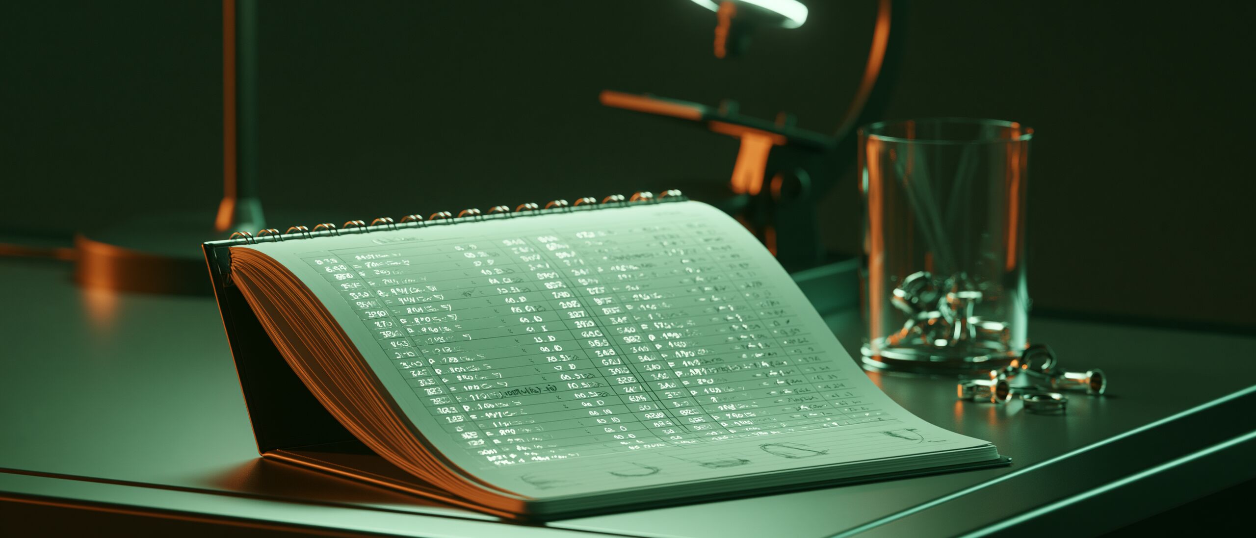 a laboratory notebook open on a dark bench, pages of measurements, one lamp