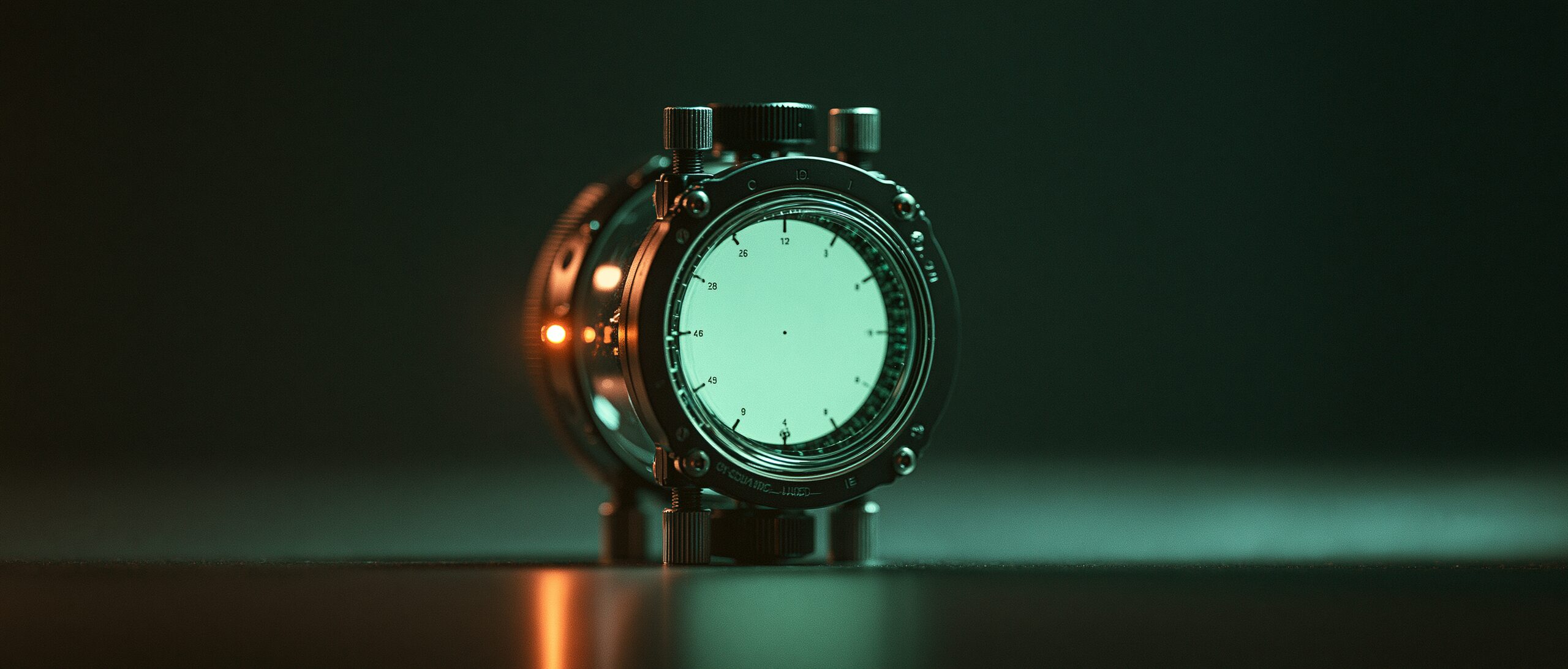 a hand-built instrument with a round dial glowing pale mint, in the dark