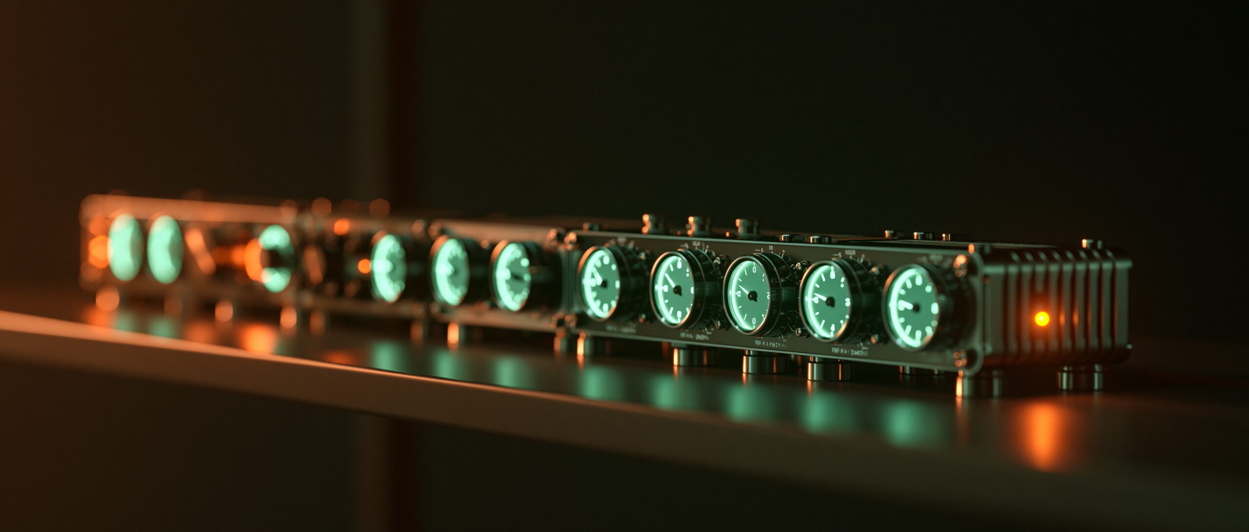 a row of hand-built instruments on a shelf, receding into darkness