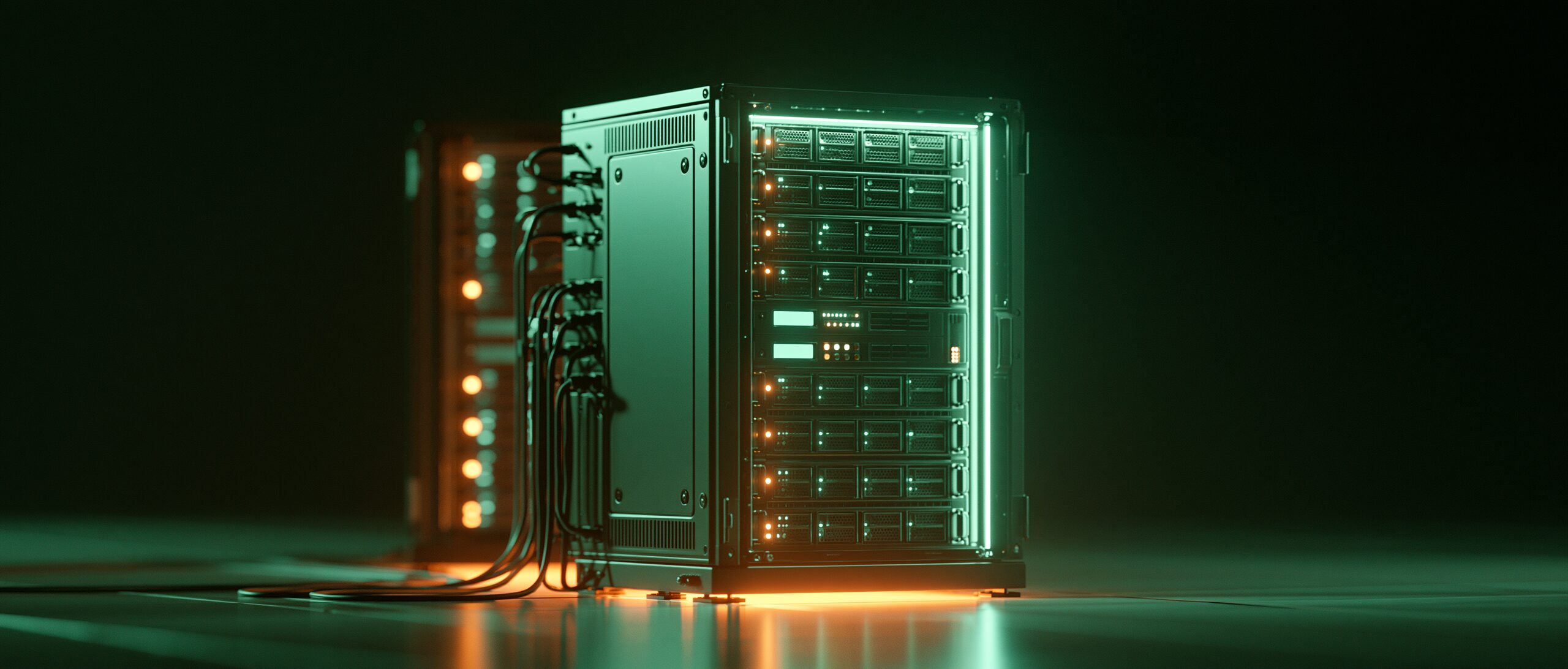 two server racks in a dark room