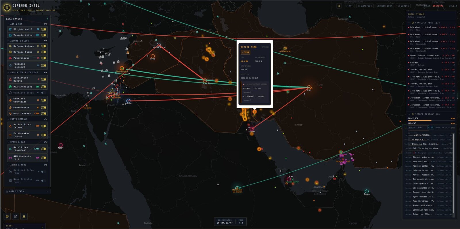 The situation picture zoomed to the Persian Gulf: fires in Iran and Iraq with an open popup showing a fire 1.67 km from a refinery and 1.88 km from oil storage.