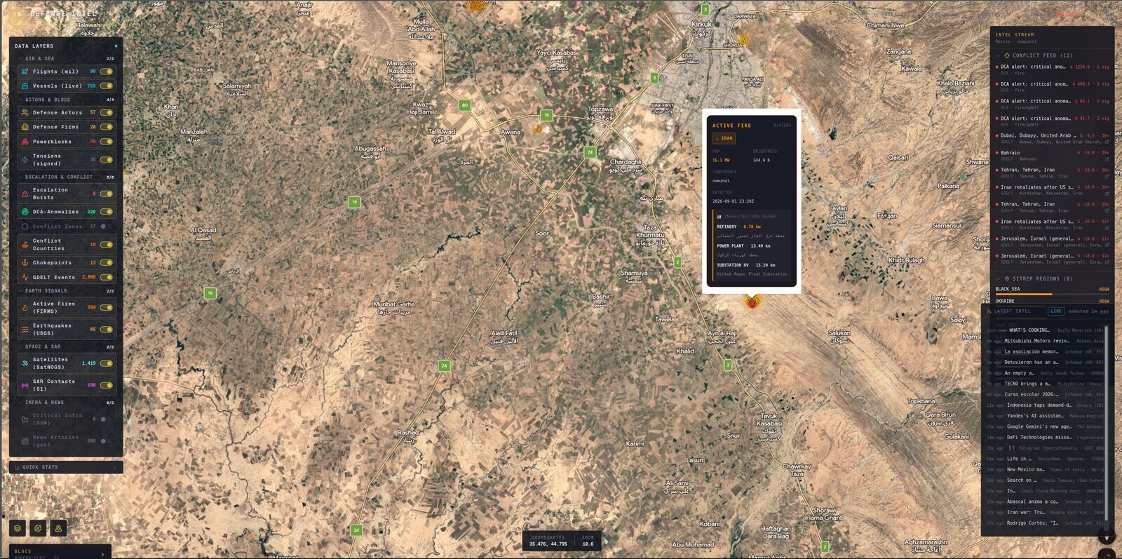 The same layers on the alternative base map, Google's 3D globe, zoomed to street scale near Kirkuk, Iraq, with a fire detection popup: refinery 0.78 km, power plant 13.6 km, HV substation 13.2 km.